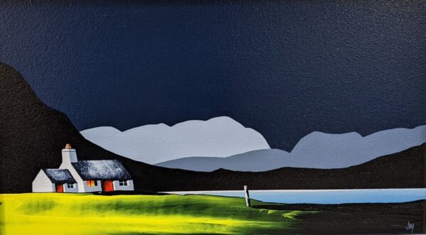 lake district art original acrylic painting by artist jay nottingham. Grasmere and Helm Crag. contemporary bold contrasting landscape with mountain silhouettes
