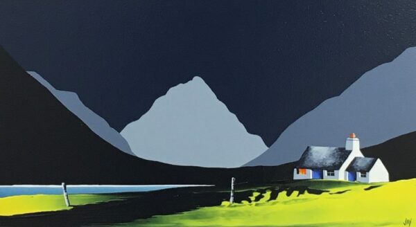 lake district art original acrylic painting by artist jay nottingham. Great Gable & Yewbarrow over Wastwater. contemporary bold contrasting landscape with mountain silhouettes