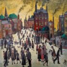 gary mcnamara lake district art original mixed media painting inspired by l.s. lowry with industrial buildings and busy town with people moving around