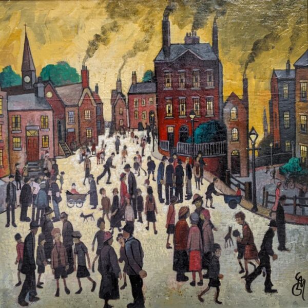 gary mcnamara lake district art original mixed media painting inspired by l.s. lowry with industrial buildings and busy town with people moving around