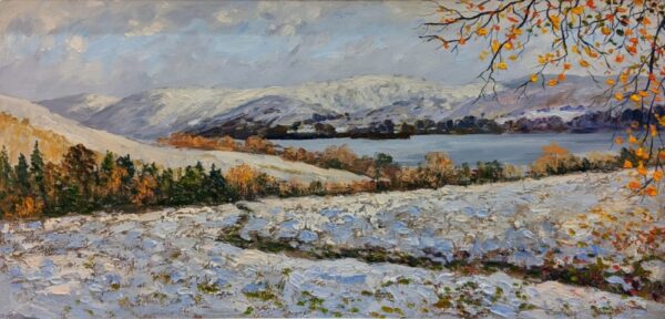 lake district art original oil painting by local artist Jeff Sudders. Winter Afternoon - Ullswater - a stunning snowy landscape with a field path and distant lake and mountains beyond