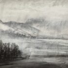 lake district art by mixed media artist daniel cooper. original charcoal painting dark silhouette atmospheric langdale pikes from blea tarn 'In Sight Out'