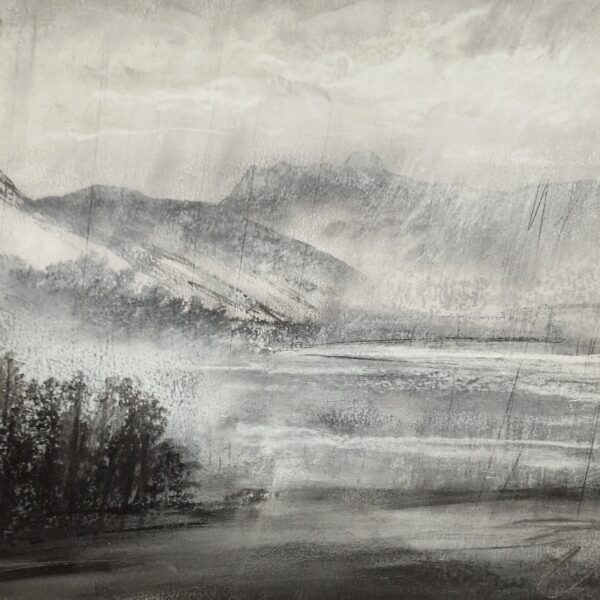 lake district art by mixed media artist daniel cooper. original charcoal painting dark silhouette atmospheric langdale pikes from blea tarn 'In Sight Out'