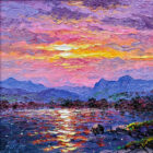 In the Light of Langdale - lake district art - an original oil painting by Andrew Grant Kurtis. A stunning sunset over lake windermere in pink purple and yellow tones