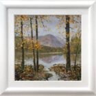 lake district art original oil painting by local artist jeff sudders. autumn leaves by grasmere overlooking water towards helm crag with trees