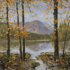 lake district art original oil painting by local artist jeff sudders. autumn leaves by grasmere overlooking water towards helm crag with trees