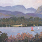 Lake District art Looking Across Windermere by Jeff Sudders of sailing boats on the lake with trees in the foreground and the Langdale Pikes and mountains in the distance.