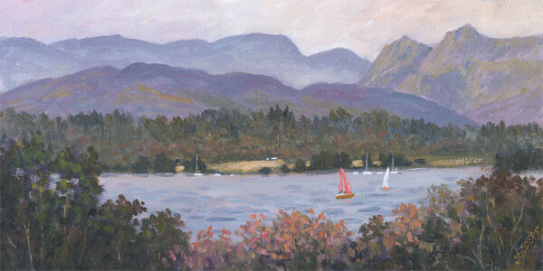 Lake District art Looking Across Windermere by Jeff Sudders of sailing boats on the lake with trees in the foreground and the Langdale Pikes and mountains in the distance.