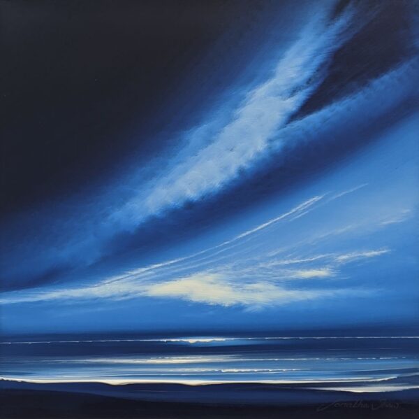 Cappuccino Skies an original acrylic painting by Jonathan Shaw. A contemporary skyscape in midnight blue Sweeping clouds dominate the landscape with a shoreline impression below