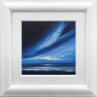 Cappuccino Skies an original acrylic painting by Jonathan Shaw. A contemporary skyscape in midnight blue Sweeping clouds dominate the landscape with a shoreline impression below
