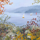 Lake District art print Misty Autumn Morning at Windermere by Jeff Sudders of sailing boats on the lake with autumn trees i the foreground and mountains in the distance.