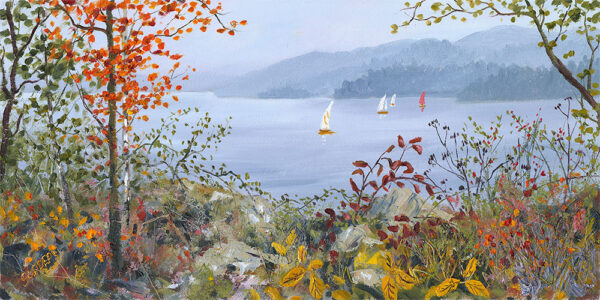 Lake District art print Misty Autumn Morning at Windermere by Jeff Sudders of sailing boats on the lake with autumn trees i the foreground and mountains in the distance.