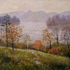 lake district art original oil painting by local artist jeff sudders. Misty Autumn Morning by Derwentwater a calm view in Keswick on a hill overlooking the lake towards Catbells
