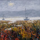 lake district art original oil painting by local artist Jeff Sudders. Misty Morning Windermere an autumn shoreline view of the lake with sailboats on the calm waters