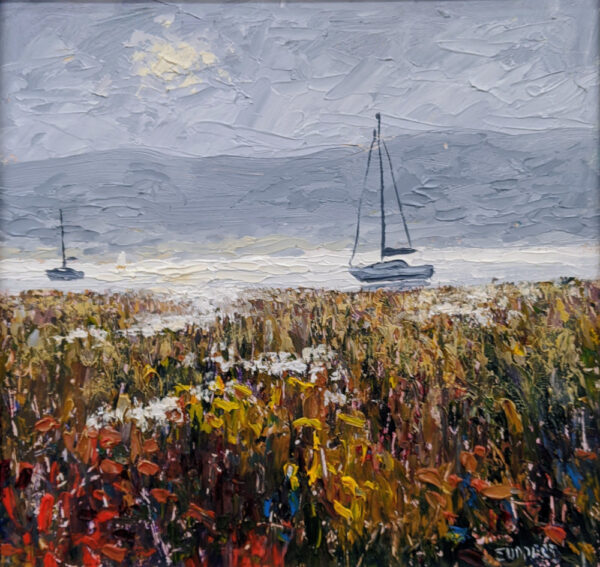 lake district art original oil painting by local artist Jeff Sudders. Misty Morning Windermere an autumn shoreline view of the lake with sailboats on the calm waters