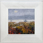 lake district art original oil painting by local artist Jeff Sudders. Misty Morning Windermere an autumn shoreline view of the lake with sailboats on the calm waters