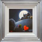 lake district art romantic original oil painting by david renshaw. Moonlight Serenade feauting ted and doris with red heart looking towards house under full moon