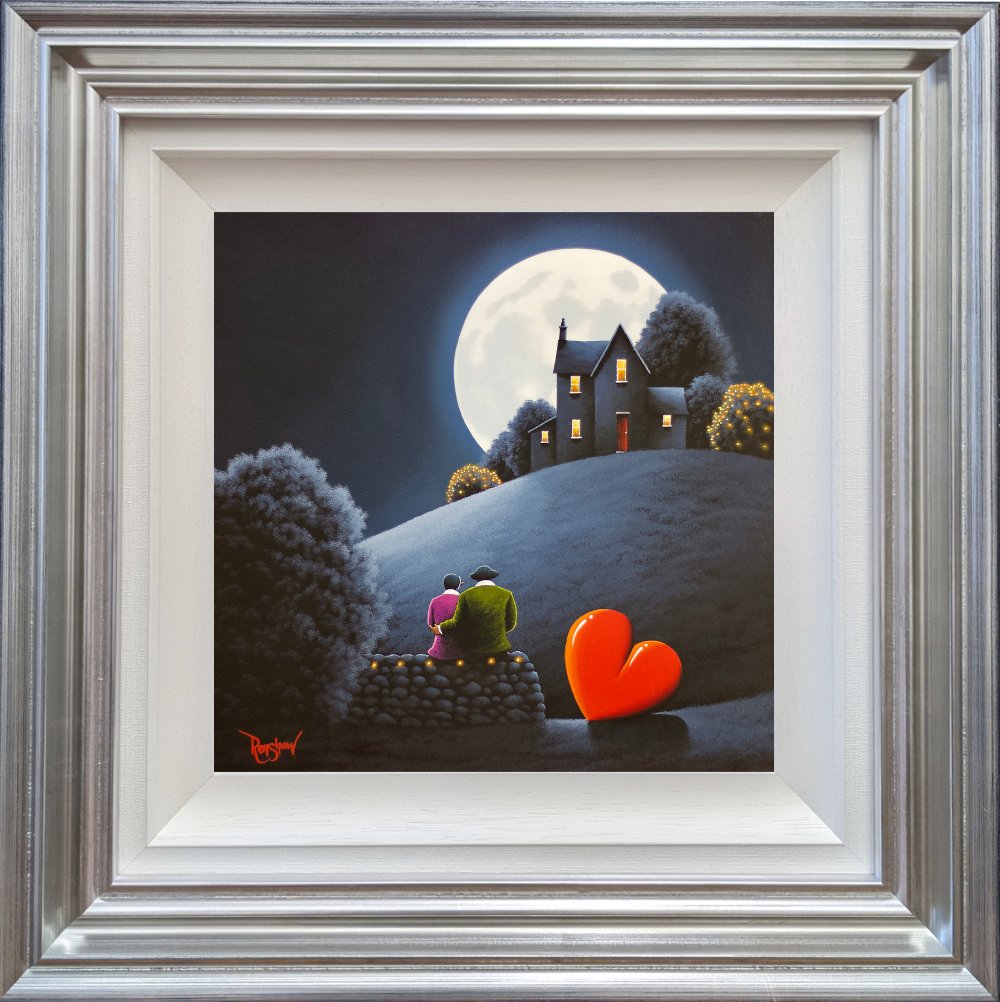 lake district art romantic original oil painting by david renshaw. Moonlight Serenade feauting ted and doris with red heart looking towards house under full moon