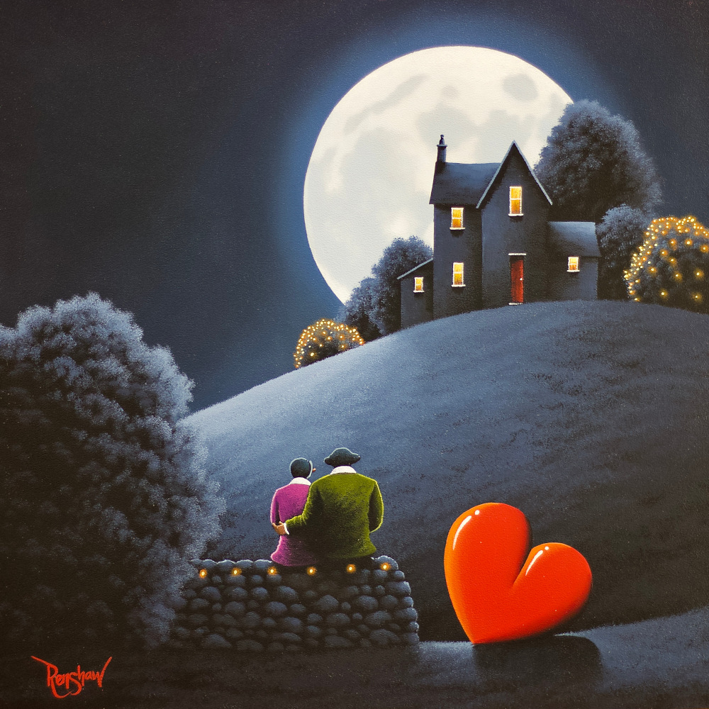 Moonlight Serenade by David Renshaw lake district art romantic original oil painting by david renshaw. Moonlight Serenade feauting ted and doris with red heart looking towards house under full moon