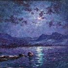 Moonlight Sparkle Langdale Pikes lake district an original oil painting by Andrew Grant Kurtis. A stunning purple moonlit scene with Windermere lake water reflections