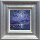 Moonlight Sparkle Langdale Pikes lake district an original oil painting by Andrew Grant Kurtis. A stunning purple moonlit scene with Windermere lake water reflections