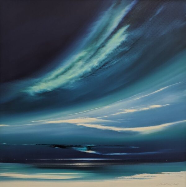 Lake District art original painting Northern Skies of sweeping skyscape in deep blue tones by Jonathan Shaw. Reminiscent of a winter shoreline and Arora borealis