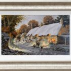 Lake District art original oil painting by Richard Telford of a snowy hamlet with children and an adult around a bonfire. Light glows from cottage windows and smoke from the chimney