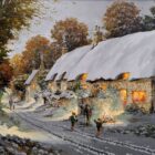 Lake District art original oil painting by Richard Telford of a snowy hamlet with children and an adult around a bonfire. Light glows from cottage windows and smoke from the chimney