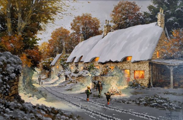 Lake District art original oil painting by Richard Telford of a snowy hamlet with children and an adult around a bonfire. Light glows from cottage windows and smoke from the chimney