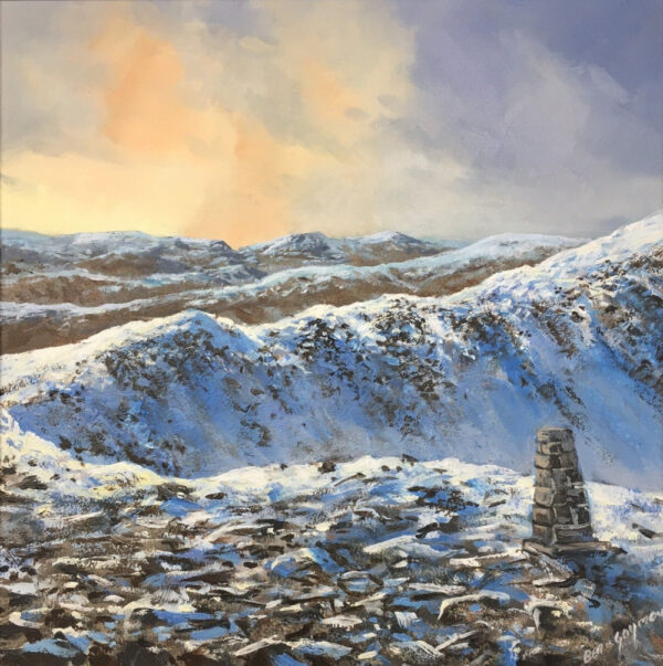 Lake District art original oil painting by Ben Goymour. old man of coniston summit in winter snow iconic fell top