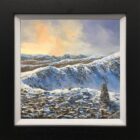 Lake District art original oil painting by Ben Goymour. old man of coniston summit in winter snow iconic fell top black frame