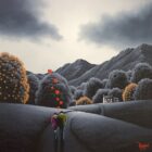 Lake District art original oil painting Our Kind of Beautiful by David Renshaw. Featuring Ted and Doris on their love story a greyscale landscape with a home nestled at the foot of mountains