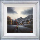 Lake District art original oil painting Our Kind of Beautiful by David Renshaw. Featuring Ted and Doris on their love story a greyscale landscape with a home nestled at the foot of mountains