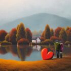 Lake District art original oil painting by David Renshaw. Our Kind of Wonderful. Featuring Ted and Doris by a lake with a shoreline home and distant mountains in glorious autumn colours