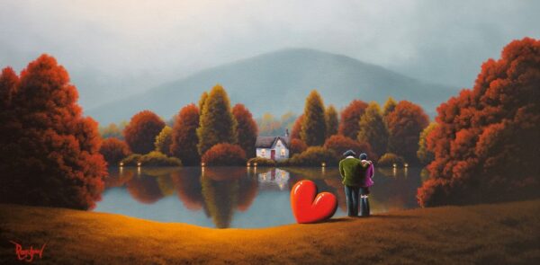 Lake District art original oil painting by David Renshaw. Our Kind of Wonderful. Featuring Ted and Doris by a lake with a shoreline home and distant mountains in glorious autumn colours