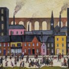 gary mcnamara lake district art original mixed media painting inspired by l.s. lowry with industrial buildings and busy town with people moving around