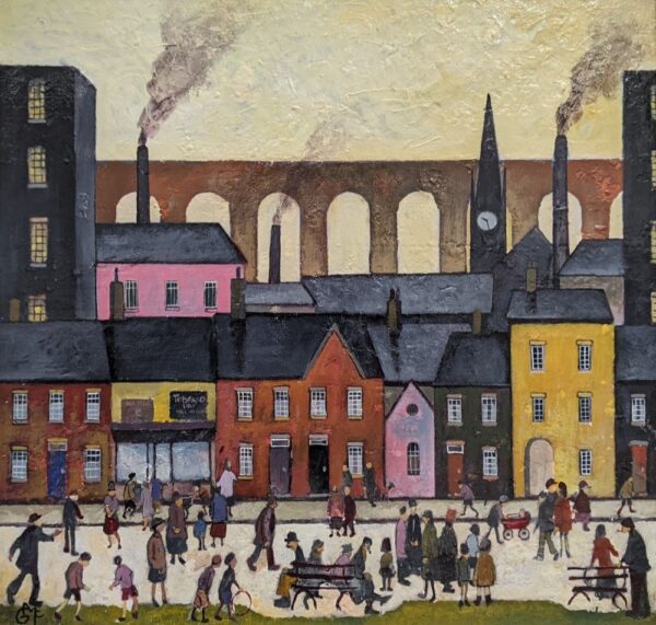 gary mcnamara lake district art original mixed media painting inspired by l.s. lowry with industrial buildings and busy town with people moving around