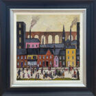 gary mcnamara lake district art original mixed media painting inspired by l.s. lowry with industrial buildings and busy town with people moving around
