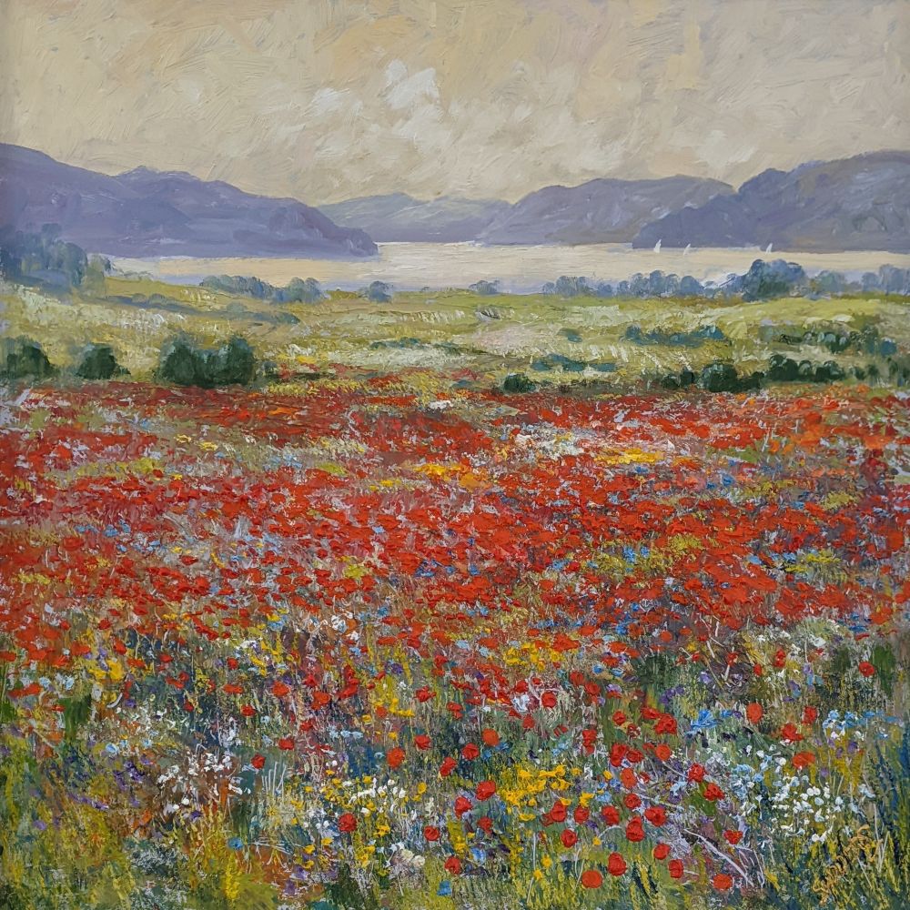 Poppy Meadow by Jeff Sudders lake district art original oil painting by local artist jeff sudders. Poppy Meadow - a field of bright wildflowers with a distant lake and mountains in summer