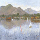Lake District art print Reflections by Catbells by Jeff Sudders of sailing boats on Derwentwater with the mountains behind.