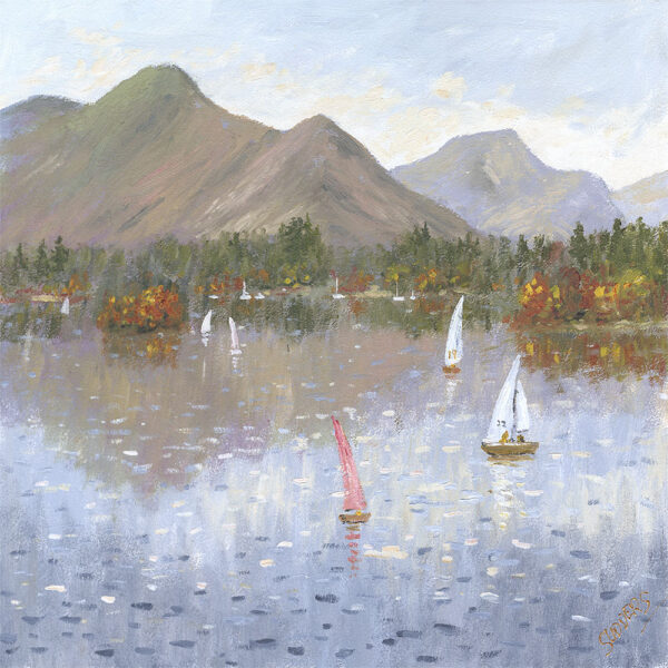 Lake District art print Reflections by Catbells by Jeff Sudders of sailing boats on Derwentwater with the mountains behind.