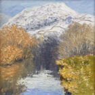 lake district art original oil painting by local artist Jeff Sudders. The River Rothay in November with St Marys church steeple ambleside autumnal trees and snow covered felltop