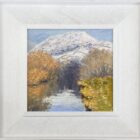 lake district art original oil painting by local artist Jeff Sudders. The River Rothay in November with St Marys church steeple ambleside autumnal trees and snow covered felltop