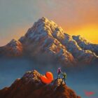 Lake District art by David Renshaw Saving All My Love For You (Boutique Limited Edition Print) featuring ted and doris on a mountain summit with another fell rising out of the mist beyond