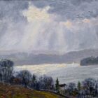 lake district art original oil painting by local artist Jeff Sudders. Silver Light Windermere a hillside view of the lake with a lit-up house near the shore and sun light through the clouds