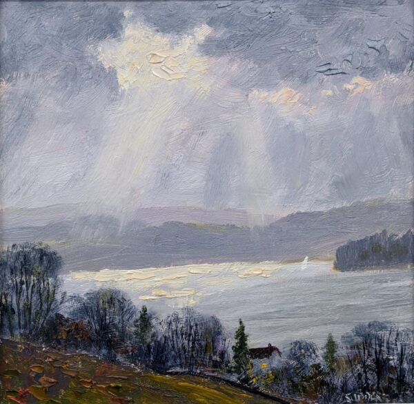 lake district art original oil painting by local artist Jeff Sudders. Silver Light Windermere a hillside view of the lake with a lit-up house near the shore and sun light through the clouds