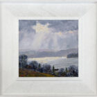 lake district art original oil painting by local artist Jeff Sudders. Silver Light Windermere a hillside view of the lake with a lit-up house near the shore and sun light through the clouds