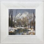 lake district art original oil painting by local artist Jeff Sudders. Snow on the Langdale Pikes featuring wintry mountain scene trees and water