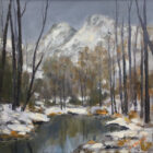 lake district art original oil painting by local artist Jeff Sudders. Snow on the Langdale Pikes featuring wintry mountain scene trees and water