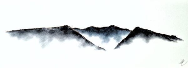 original charcoal art by lake district artist Daniel cooper. Solitude Act 282: Blencathra from Threlkeld Keswick - dramatic mountain silhouettes near Derwentwater